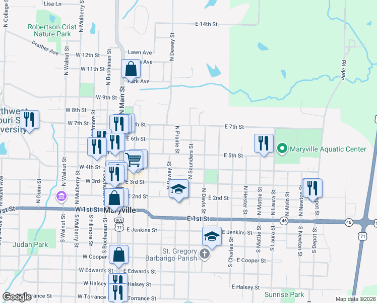 map of restaurants, bars, coffee shops, grocery stores, and more near 521 East 5th Street in Maryville