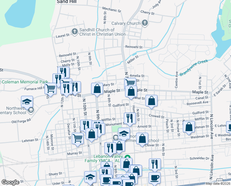 map of restaurants, bars, coffee shops, grocery stores, and more near 752 Maple Street in Lebanon