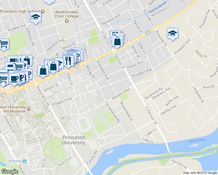 map of restaurants, bars, coffee shops, grocery stores, and more near 101 Broadmead Street in Princeton