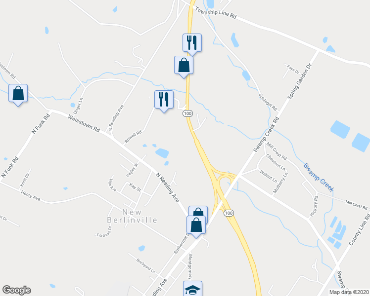 map of restaurants, bars, coffee shops, grocery stores, and more near 525 Pennsylvania 100 in Bechtelsville