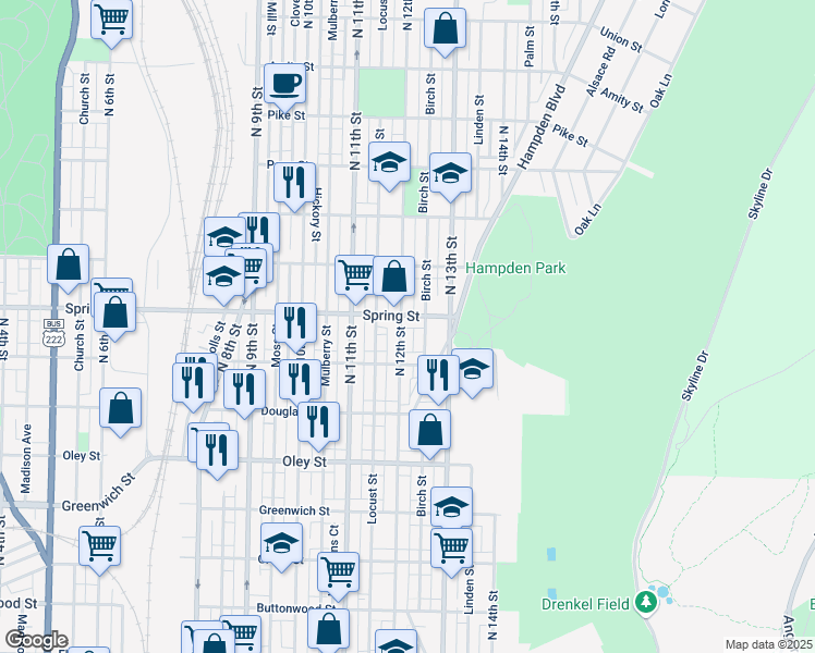 map of restaurants, bars, coffee shops, grocery stores, and more near 951 North 12th Street in Reading