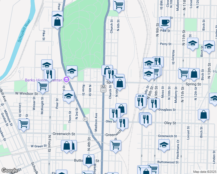 map of restaurants, bars, coffee shops, grocery stores, and more near 948 Church Street in Reading