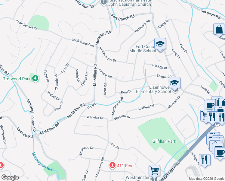 map of restaurants, bars, coffee shops, grocery stores, and more near 1806 Murdstone Rd in Pittsburgh