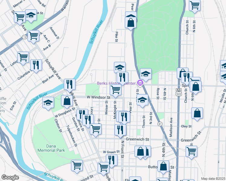 map of restaurants, bars, coffee shops, grocery stores, and more near 935 Weiser Street in Reading