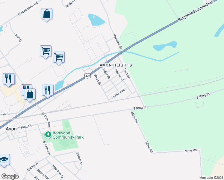 map of restaurants, bars, coffee shops, grocery stores, and more near 1920 Leinbaugh Avenue in Lebanon