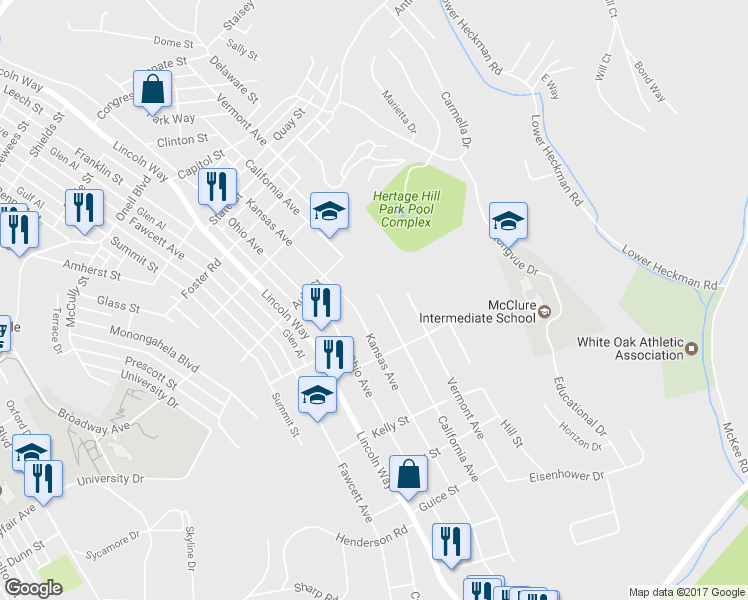 map of restaurants, bars, coffee shops, grocery stores, and more near 1520 California Avenue in White Oak
