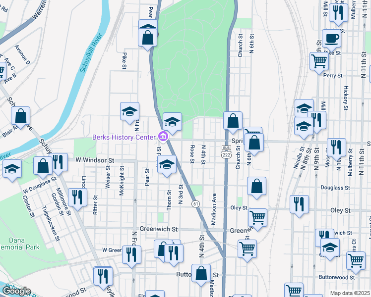map of restaurants, bars, coffee shops, grocery stores, and more near 929 North 3rd Street in Reading