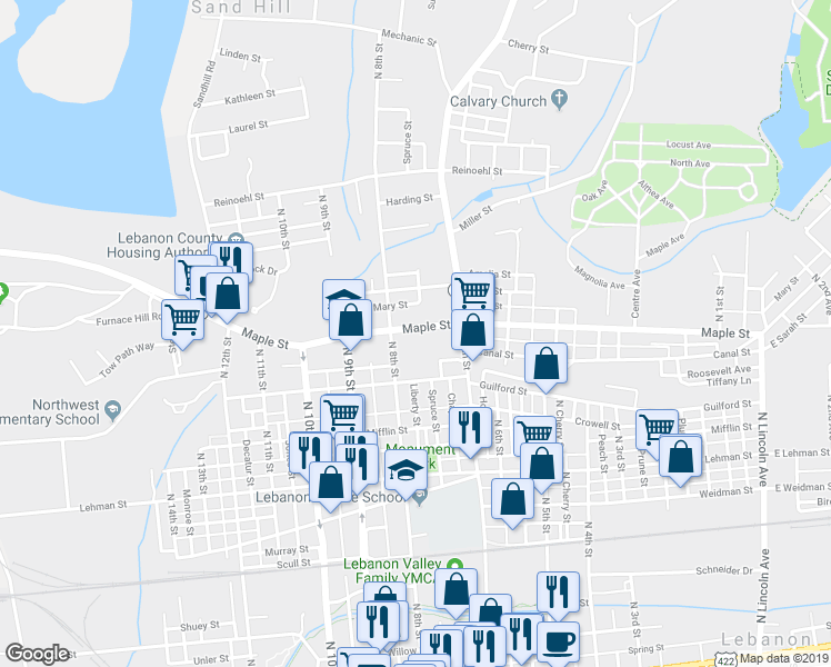 map of restaurants, bars, coffee shops, grocery stores, and more near 752 Maple Street in Lebanon