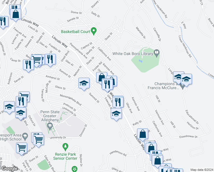 map of restaurants, bars, coffee shops, grocery stores, and more near 1420 Lincoln Way in White Oak