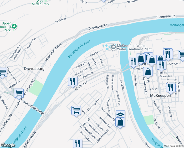 map of restaurants, bars, coffee shops, grocery stores, and more near 412 Pacific Street in McKeesport