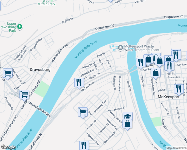 map of restaurants, bars, coffee shops, grocery stores, and more near 412 Pacific Street in McKeesport