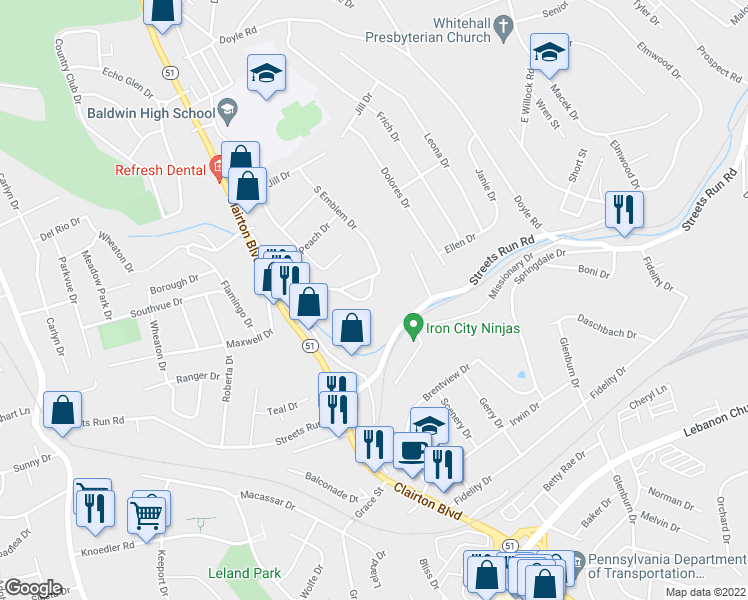 map of restaurants, bars, coffee shops, grocery stores, and more near 941 Angelo Drive in Pittsburgh