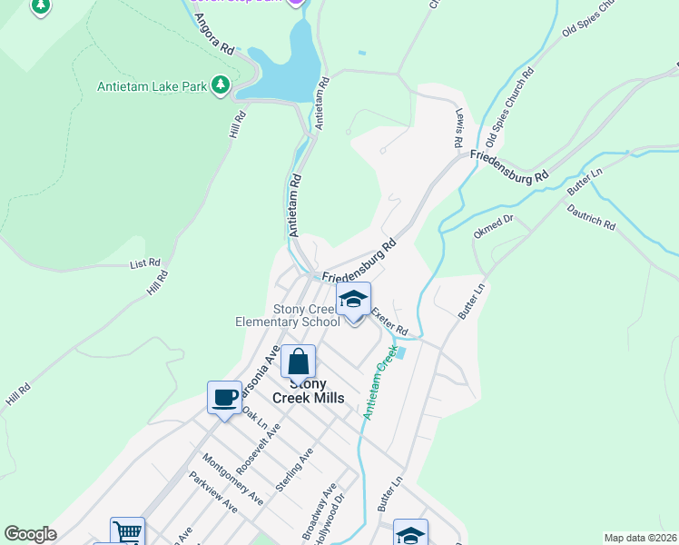 map of restaurants, bars, coffee shops, grocery stores, and more near 1504 Friedensburg Road in Reading