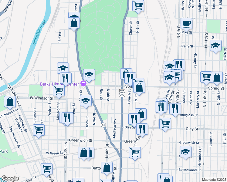 map of restaurants, bars, coffee shops, grocery stores, and more near 944 Madison Avenue in Reading