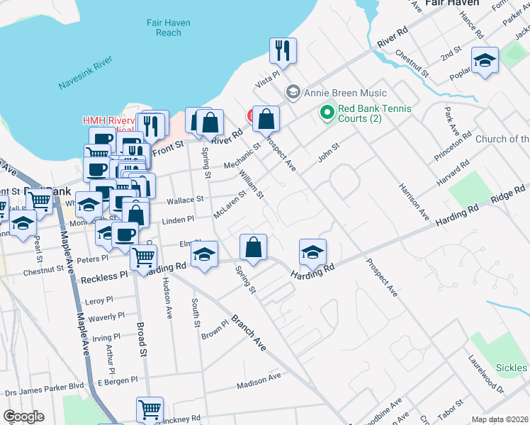 map of restaurants, bars, coffee shops, grocery stores, and more near 198 Manor East in Red Bank