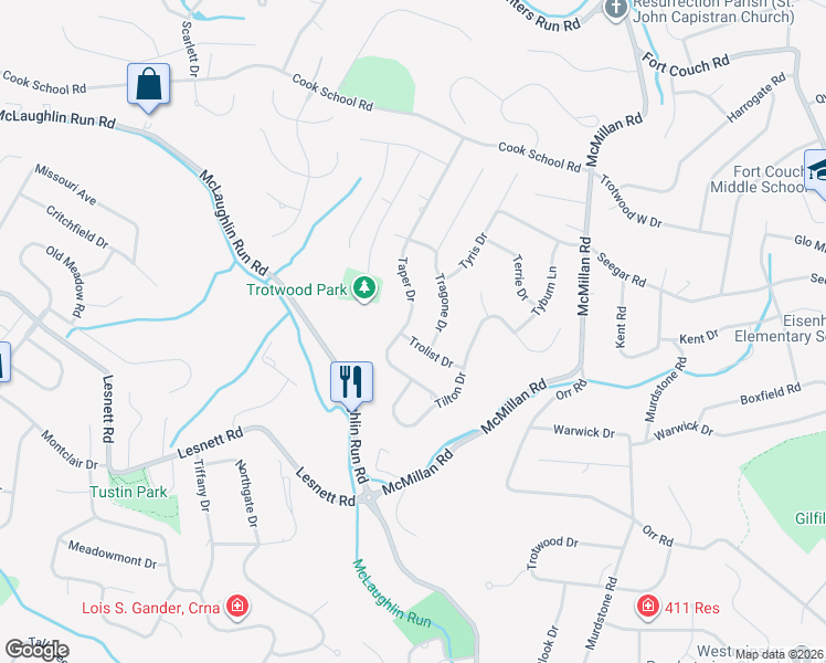 map of restaurants, bars, coffee shops, grocery stores, and more near 1833 Taper Drive in Pittsburgh