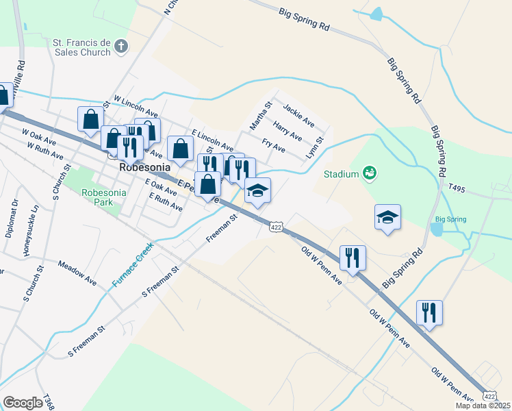 map of restaurants, bars, coffee shops, grocery stores, and more near 325 East Penn Avenue in Robesonia