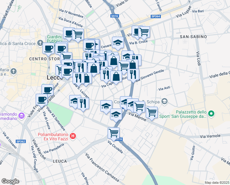 map of restaurants, bars, coffee shops, grocery stores, and more near 5 Via Tito Minniti in Lecce