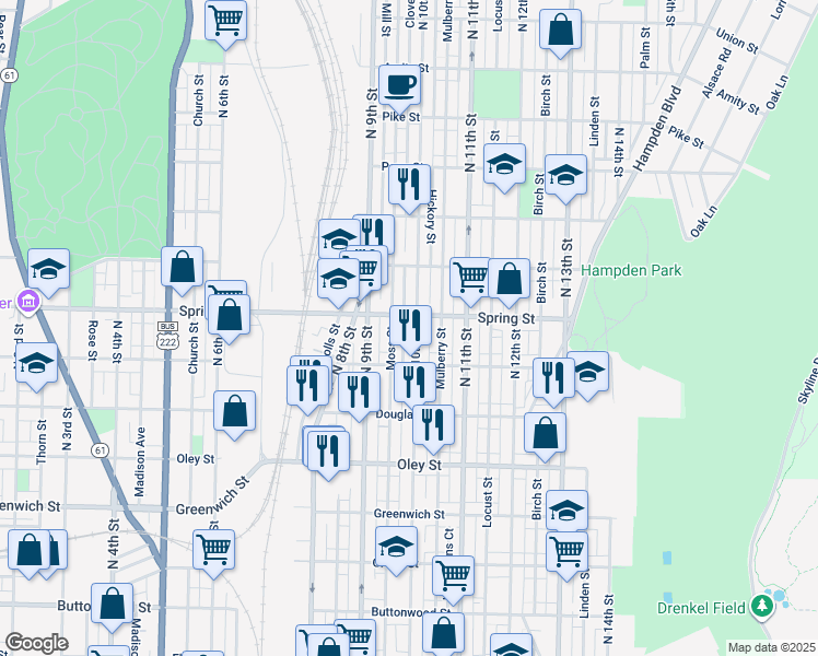 map of restaurants, bars, coffee shops, grocery stores, and more near 950 North 10th Street in Reading