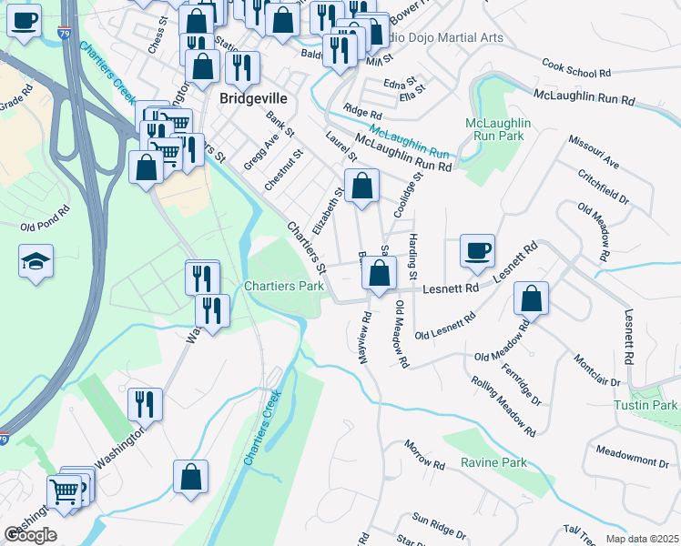map of restaurants, bars, coffee shops, grocery stores, and more near 617 Winfield Street in Bridgeville