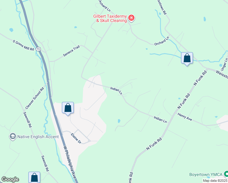 map of restaurants, bars, coffee shops, grocery stores, and more near 261 Indian Lane in Boyertown
