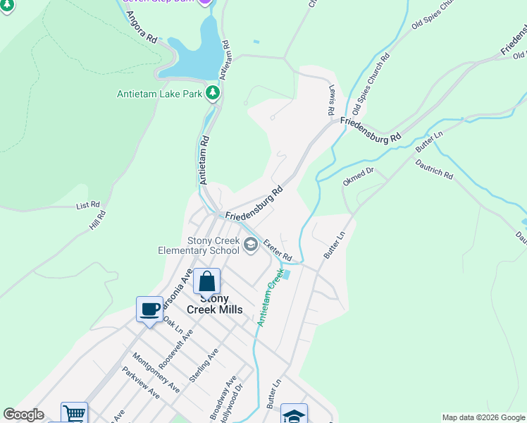 map of restaurants, bars, coffee shops, grocery stores, and more near 1517 Friedensburg Road in Reading