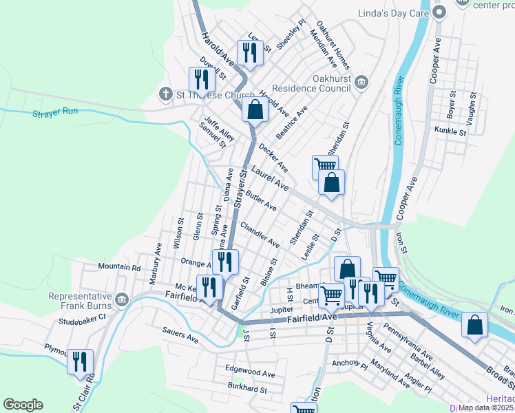 map of restaurants, bars, coffee shops, grocery stores, and more near 140 Stone Street in Johnstown