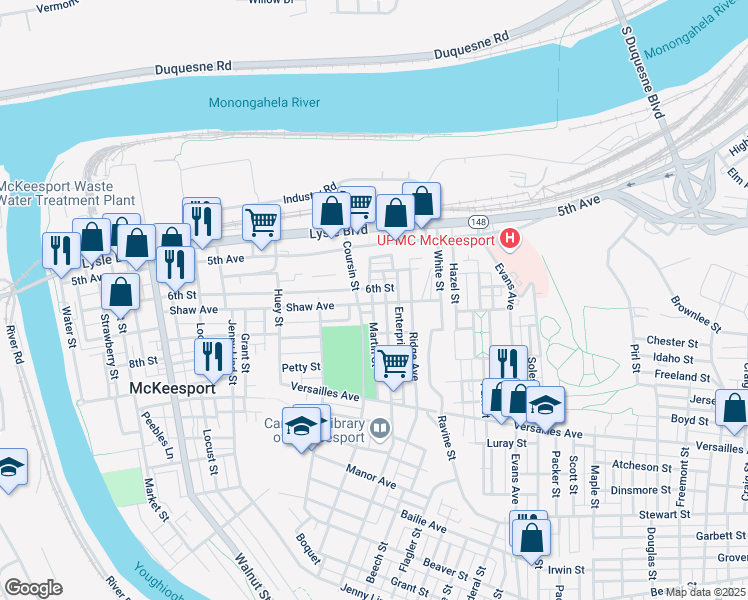 map of restaurants, bars, coffee shops, grocery stores, and more near 901 Shaw Avenue in McKeesport