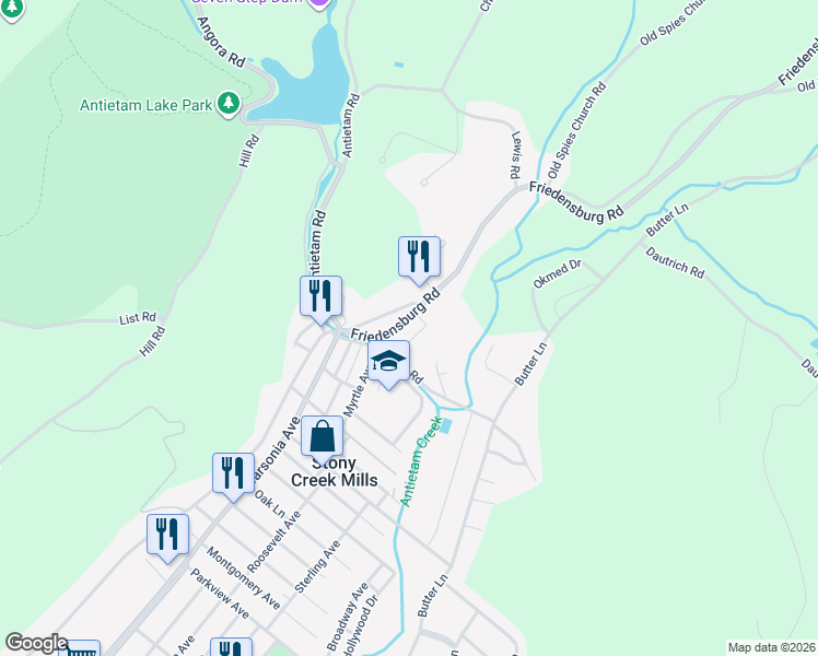 map of restaurants, bars, coffee shops, grocery stores, and more near 1517 Friedensburg Road in Reading