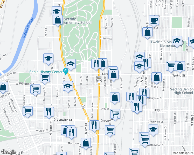 map of restaurants, bars, coffee shops, grocery stores, and more near 938 North 5th Street in Reading