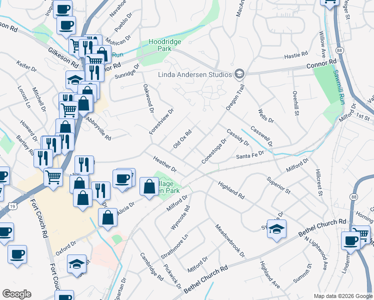 map of restaurants, bars, coffee shops, grocery stores, and more near 7 Oregon Trail in Bethel Park