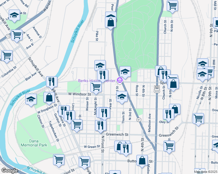 map of restaurants, bars, coffee shops, grocery stores, and more near 930 Pear Street in Reading