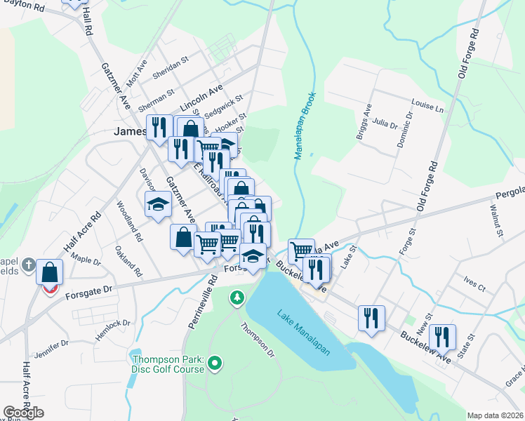 map of restaurants, bars, coffee shops, grocery stores, and more near 13 East Church Street in Jamesburg