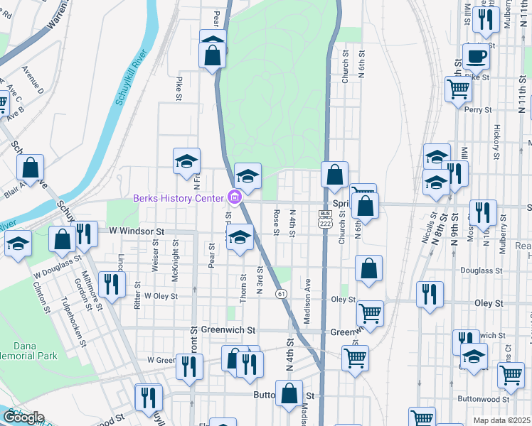 map of restaurants, bars, coffee shops, grocery stores, and more near 929 North 3rd Street in Reading
