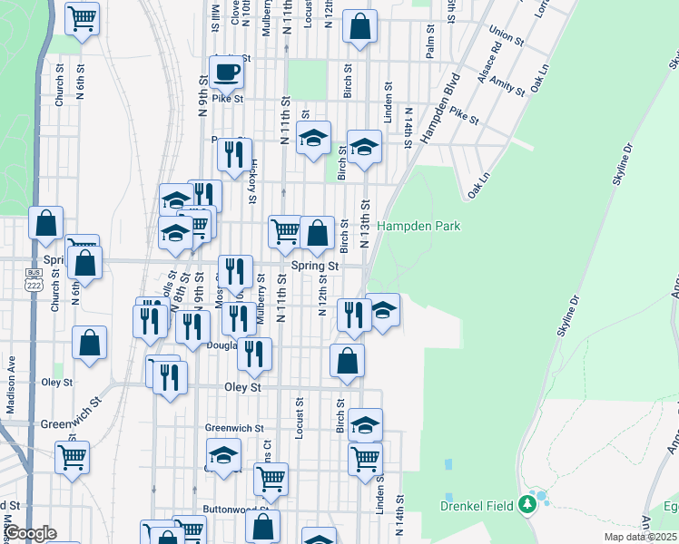 map of restaurants, bars, coffee shops, grocery stores, and more near 951 North 12th Street in Reading