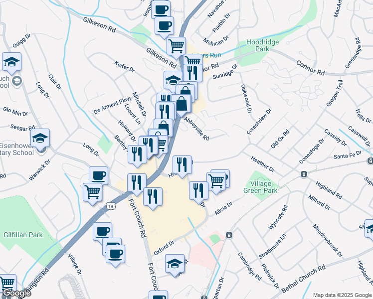 map of restaurants, bars, coffee shops, grocery stores, and more near in Bethel Park