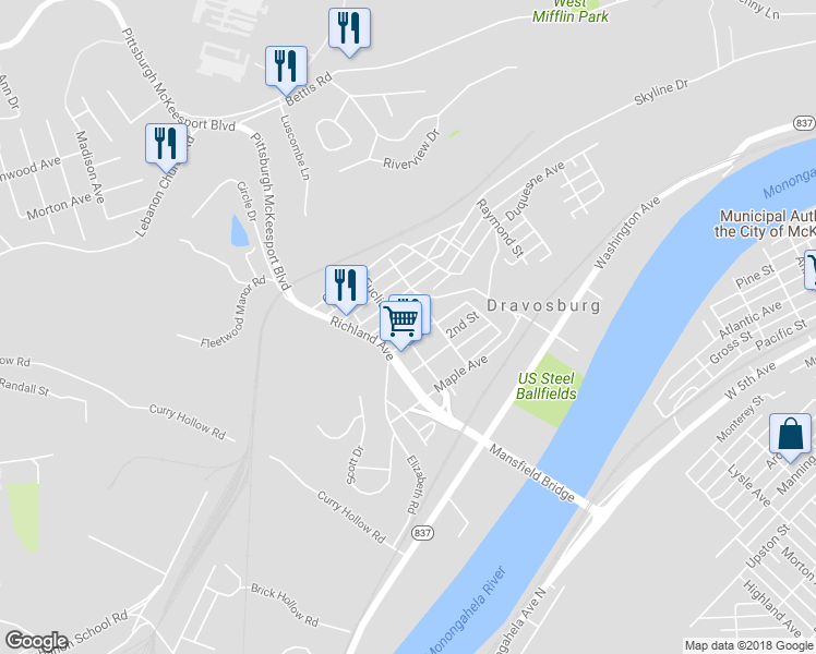 map of restaurants, bars, coffee shops, grocery stores, and more near 306 Euclid Ave in Dravosburg