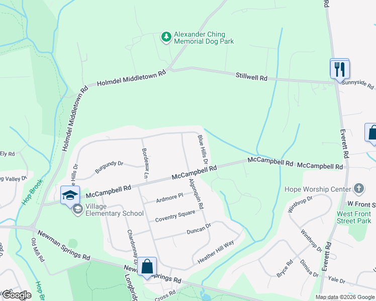 map of restaurants, bars, coffee shops, grocery stores, and more near 6 Rosedale Terrace in Holmdel