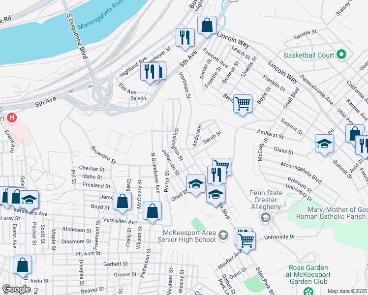 map of restaurants, bars, coffee shops, grocery stores, and more near 916 Hartman Street in McKeesport