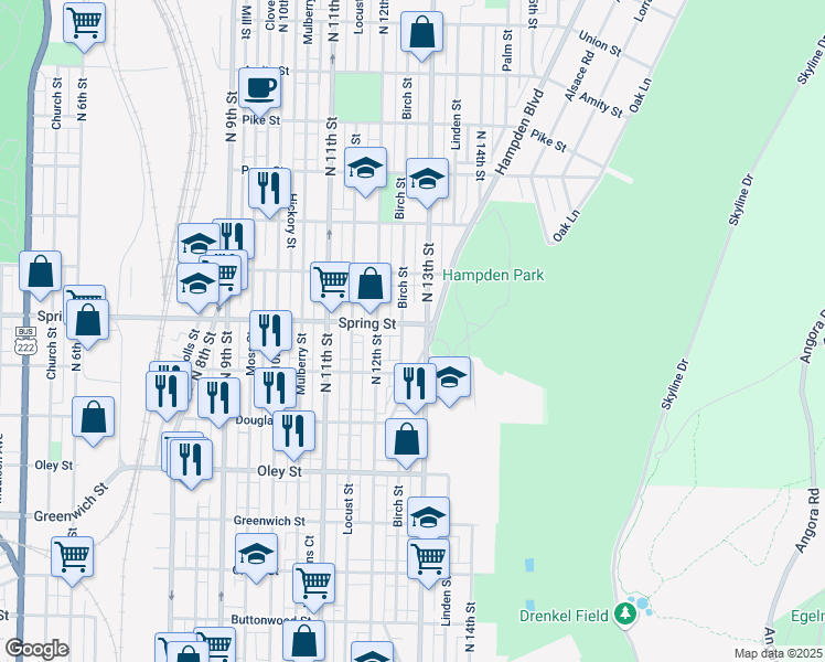 map of restaurants, bars, coffee shops, grocery stores, and more near 1252 Spring Street in Reading