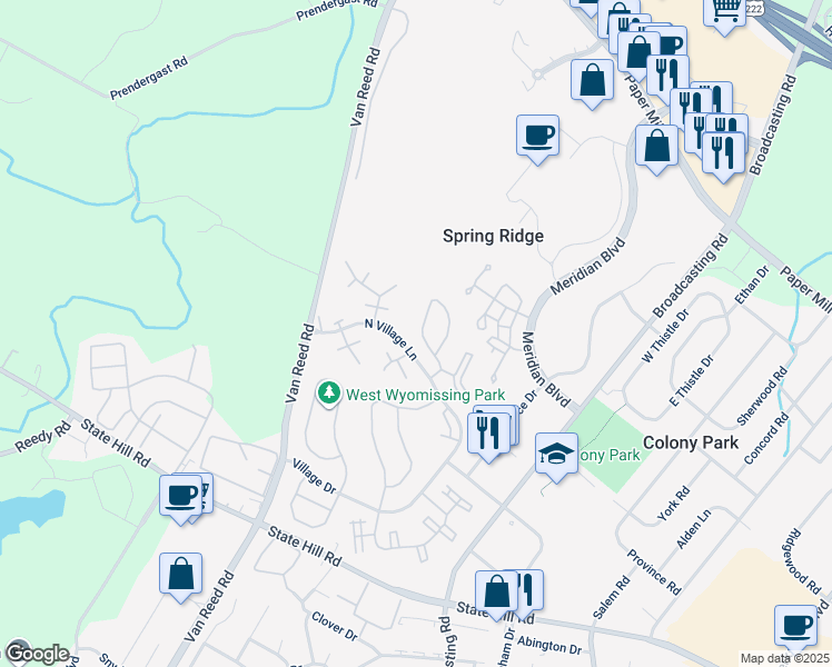 map of restaurants, bars, coffee shops, grocery stores, and more near 114 Hickory Lane in Wyomissing
