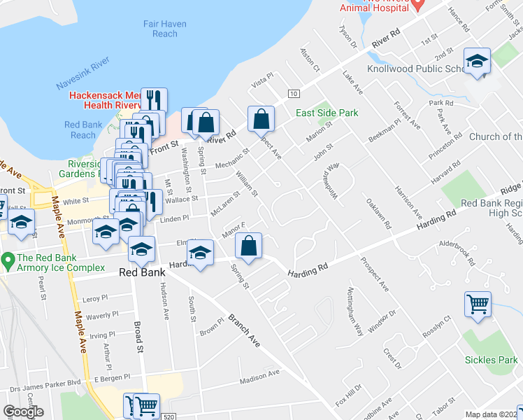 map of restaurants, bars, coffee shops, grocery stores, and more near 186 Manor East in Red Bank