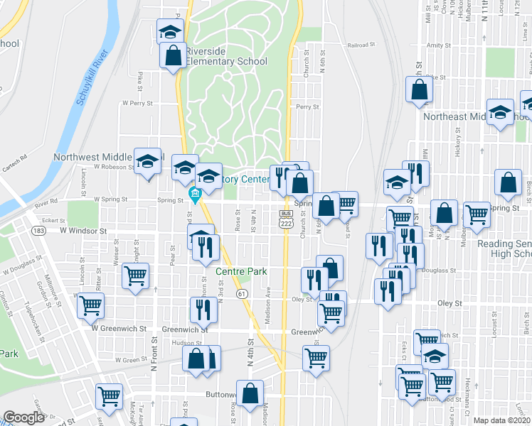 map of restaurants, bars, coffee shops, grocery stores, and more near 944 Madison Avenue in Reading