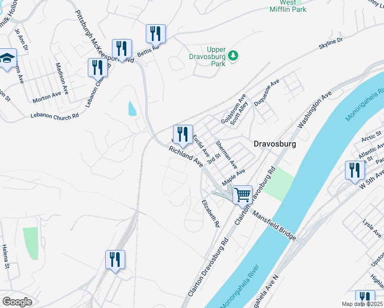 map of restaurants, bars, coffee shops, grocery stores, and more near 404 Richland Ave in Dravosburg