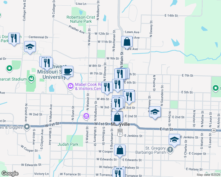 map of restaurants, bars, coffee shops, grocery stores, and more near 507 North Fillmore Street in Maryville
