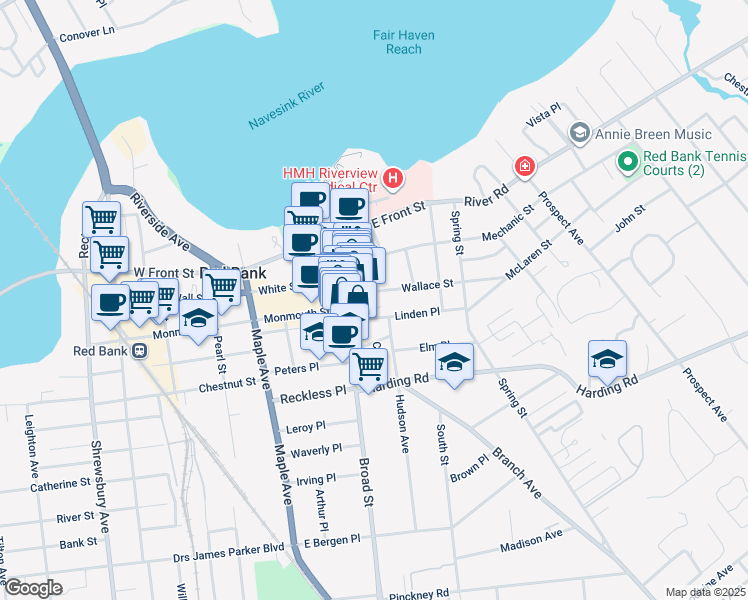 map of restaurants, bars, coffee shops, grocery stores, and more near 26 Wallace Street in Red Bank