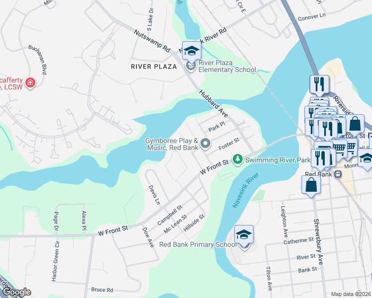 map of restaurants, bars, coffee shops, grocery stores, and more near 54 Sherwood Road in Red Bank