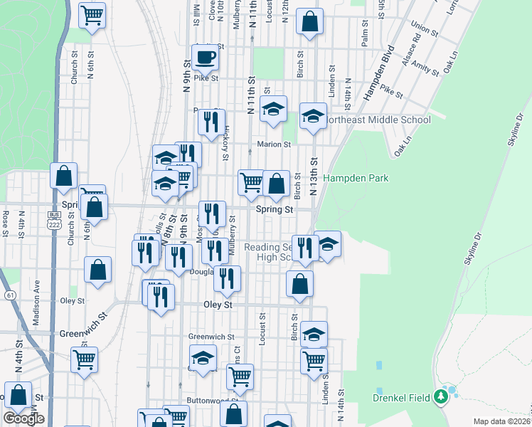 map of restaurants, bars, coffee shops, grocery stores, and more near 1118 Spring Street in Reading