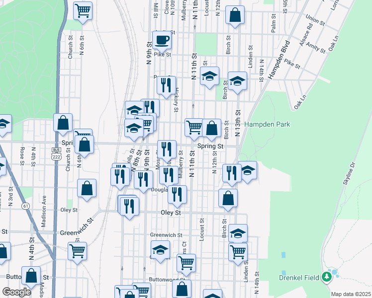 map of restaurants, bars, coffee shops, grocery stores, and more near 1032 Spring Street in Reading