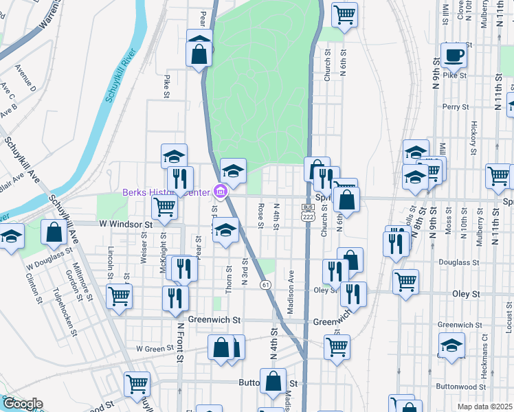 map of restaurants, bars, coffee shops, grocery stores, and more near 931 Rose Street in Reading